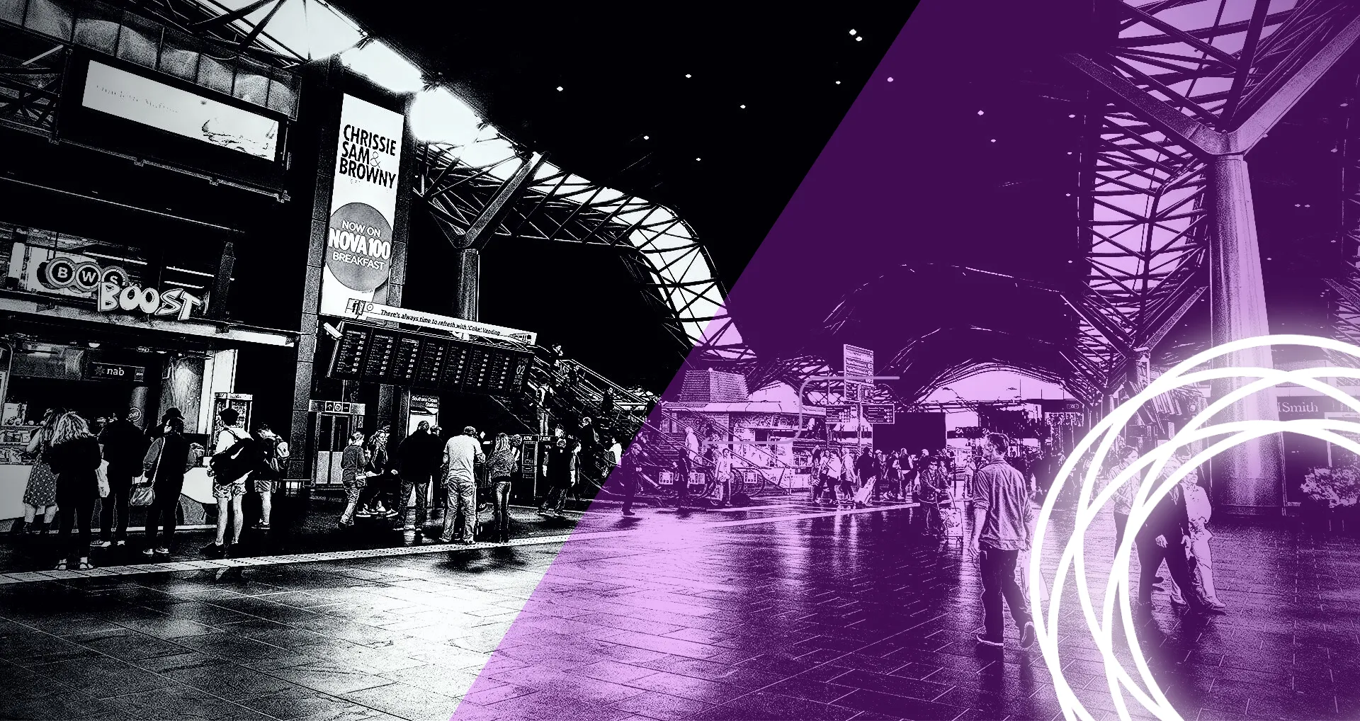 Commuters at Southern Cross Station, Melbourne, split between black-and-white and Reclaim's purple duotone treatment